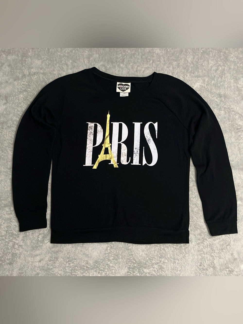 Modern Lux Paris Women’s Black Graphic Crewneck Sweatshirt Size L Eiffel Tower